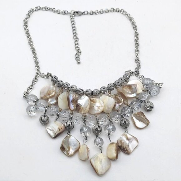 Structured Mother Of Pearl Shell Beaded Silvertone Adjustable Statement Necklace - Picture 3 of 6